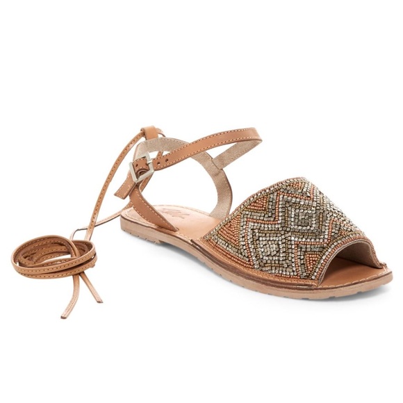 Rebels Shoes - Rebels Tan Camel Leather Beaded Wrap Sandal